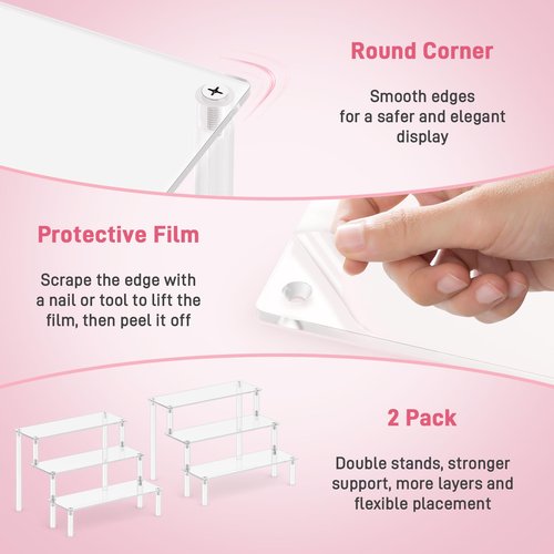 2 Packs Acrylic Display Stand Riser,3 Tier Perfume Organizer Cupcake Stand Acrylic Pop Shelves Holder,Clear Desk Display Shelf for Figure,Trinket,Collectibles,Dessert Tray Stands for Party Decor-7.9in