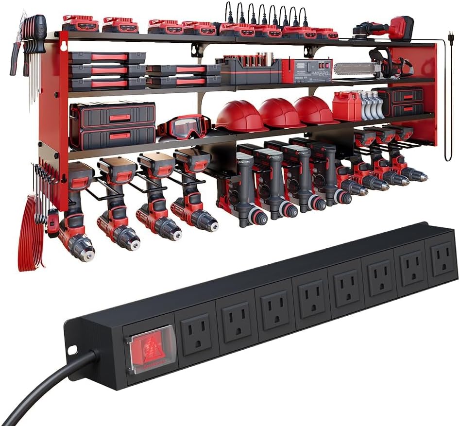 Power Tool Organizer by [Brand Name] - Heavy Duty Wall Mount Tool Shelf with Power Strip | 400lbs Capacity, 12 Slots