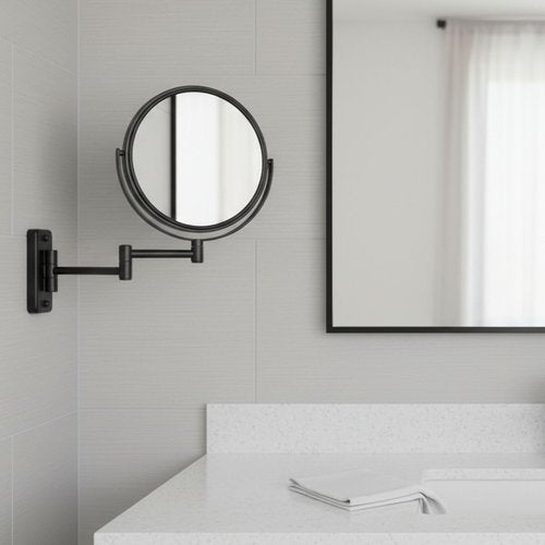 JERDON Wall-Mounted Magnifying Mirror - Bathroom Makeup Mirror with 5X Magnification - 8-Inch Diameter - Black - Model JP7506BK