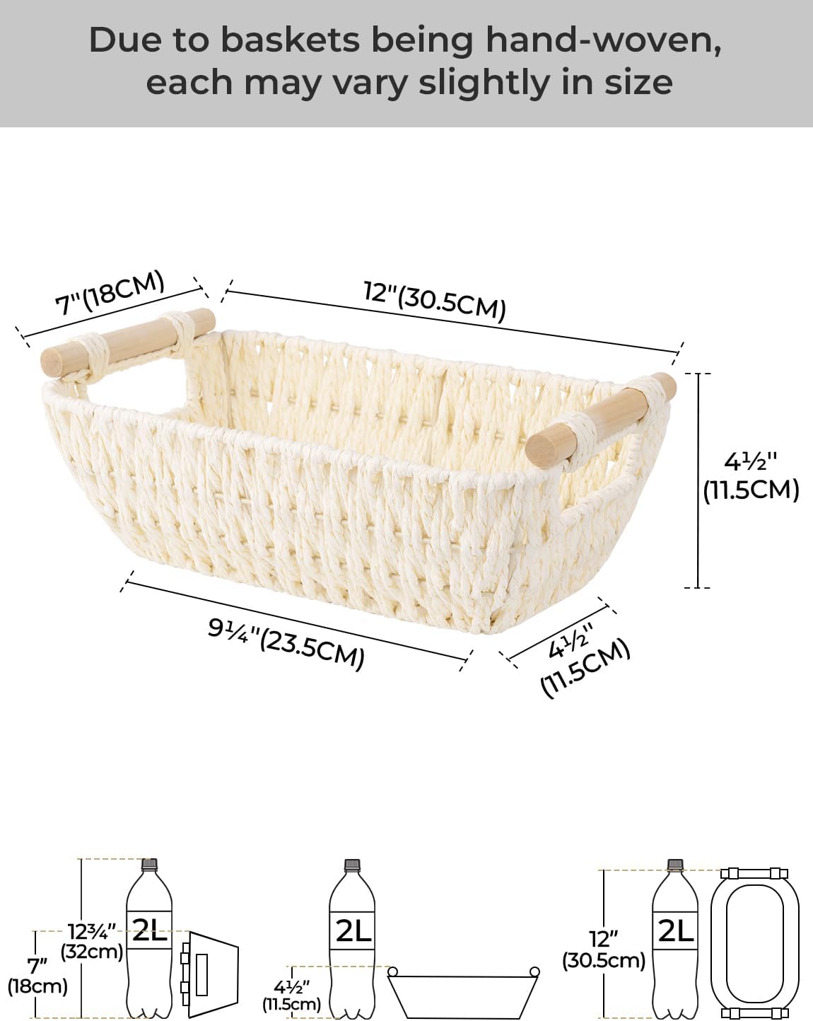 StorageWorks Round Woven Paper Rope Baskets - Stylish Beige 2-Pack with Wooden Handles for Gifts