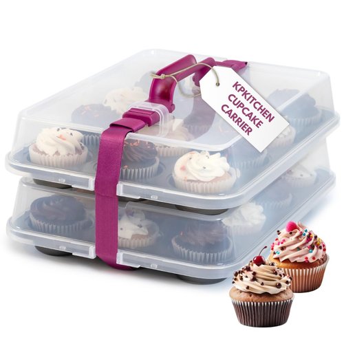 KPKitchen Cupcake Carrier for 24 Cupcakes - Innovative Cupcake Holder includes 2 Cupcake Pans with Lid and Handle - Cupcake Travel Container Carries 12 or 24 Standard-Size Cupcakes for Storage Safely