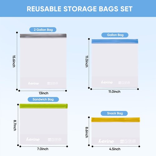 Lerine 10 Pack Stand-Up Reusable Freezer Bags Silicone, Leakproof Dishwasher Safe Food Storage Bags, BPA Free Reusable Gallon Bags for Marinating, Meal Prep - 3 Gallon 4 Sandwich 3 Snack (Multicolor)
