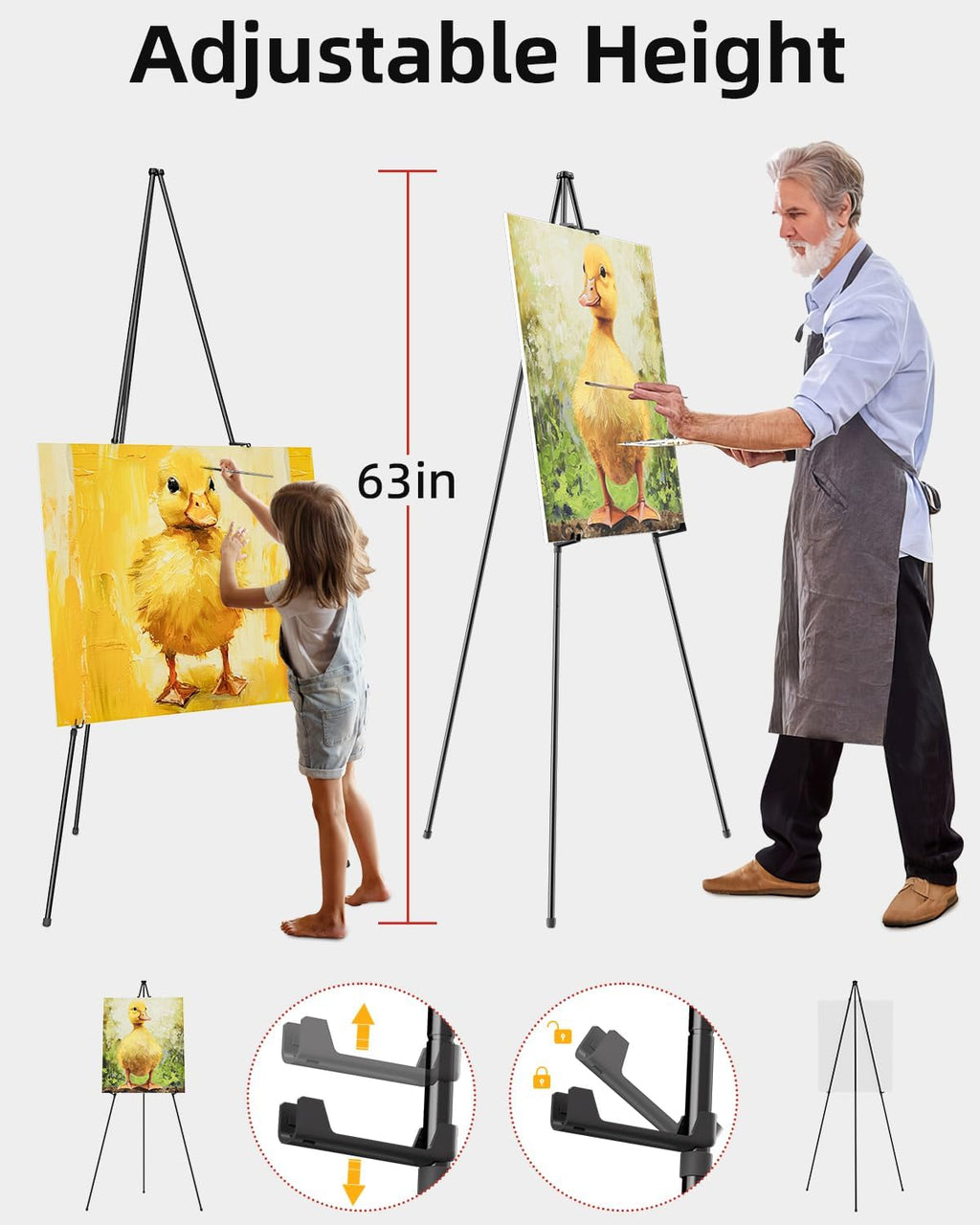 Nicpro Art Folding Easels - 63-Inch Metal Tripod Display Stands, 6 Pack, Collapsible with Carry Bag | Black