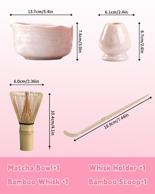 Natural Crystal Flower Matcha Set - 4 Pcs Food Grade Matcha Kit with Spouted Bowl, Matcha Whisk, Scoop and Chasen Holder - Matcha Tea Ceremony Gift for Matcha Lovers (Sakura Whisper)