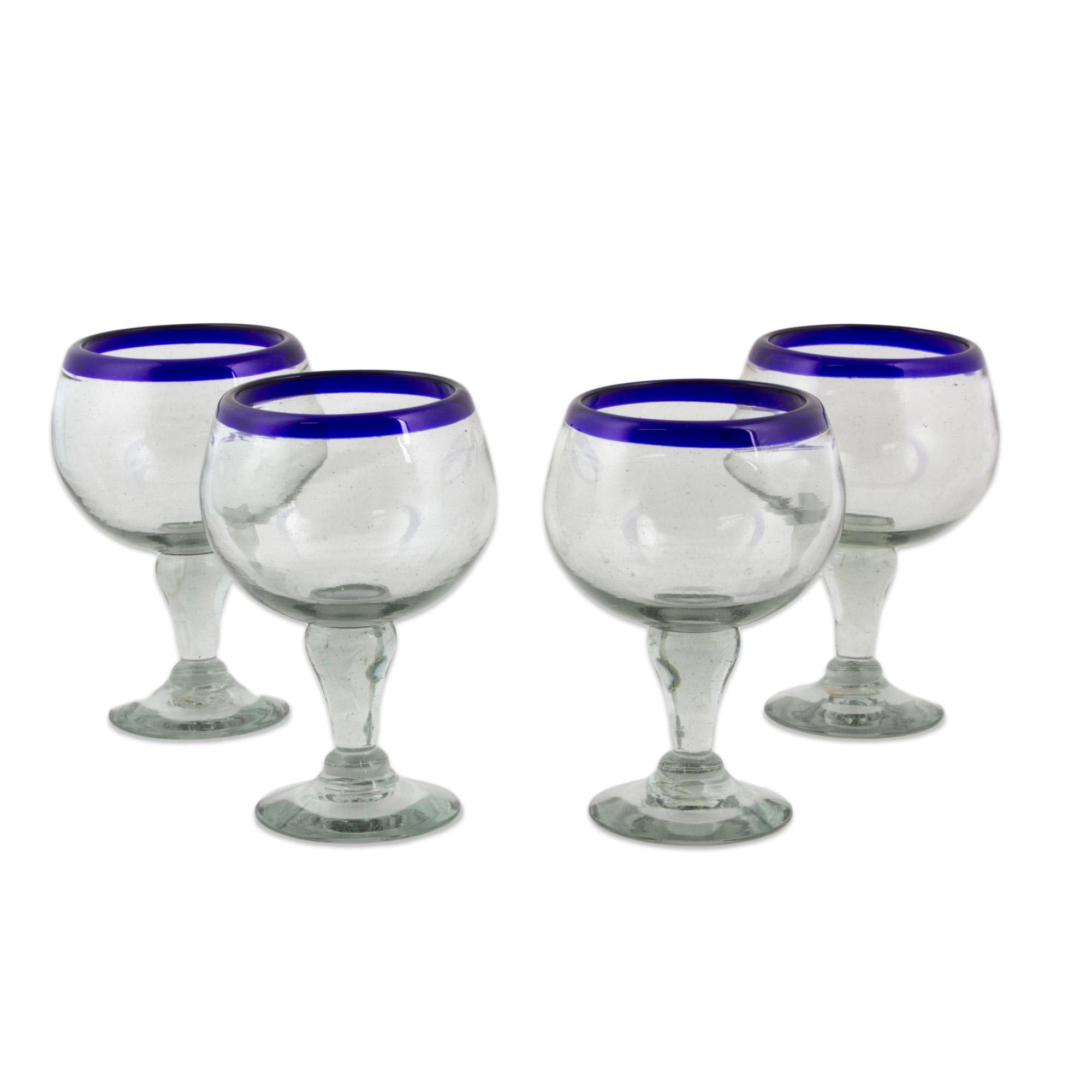 NOVICA 'Cobalt Kiss' Blown Glass Goblets (Set of 4), 7" Tall, Blue Clear