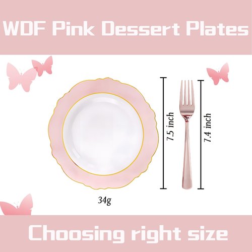 WDF 60pcs Pink Dessert Plates - 7.5inch Baroque Pink &White Disposable Dessert/Appetizer Small Cute Cake Plates for Upscale Parties &Wedding-Special for Baby Shower, Brithday, Easter