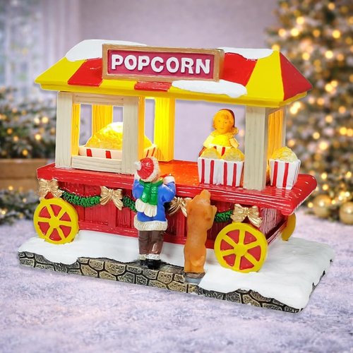 Moments In Time Popcorn Wagon | LED Lighted Christmas Village Vendor Cart - Handcrafted Holiday Decoration