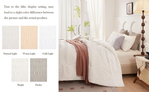 Catesgoo Queen Comforter Set Cream White, 3 Pieces Seersucker Bed Set, Soft & Warm Lightweight Bedding Comforter Sets for All Season, Bedding Sets with Comforter, 2 Pillowcases