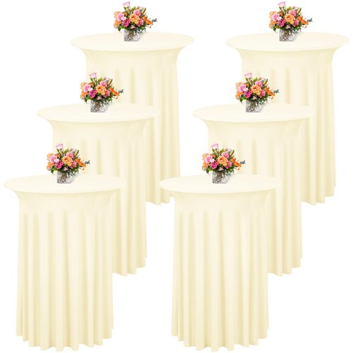 YJYQHYX 6 Packs Round Cocktail Table Skirt 32"x 43" Spandex Stretch Cocktail Table Cloths with Wavy Skirt, Spandex Fitted High Top Table Covers for Wedding Party Birthday Banquet Table (Beige)