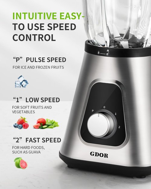 GDOR 1200W Blender - Smoothies & Shakes with 52 Oz Glass Jar & 22 Oz To-Go Cup | 6-Blade, 3 Speeds, Self-Cleaning