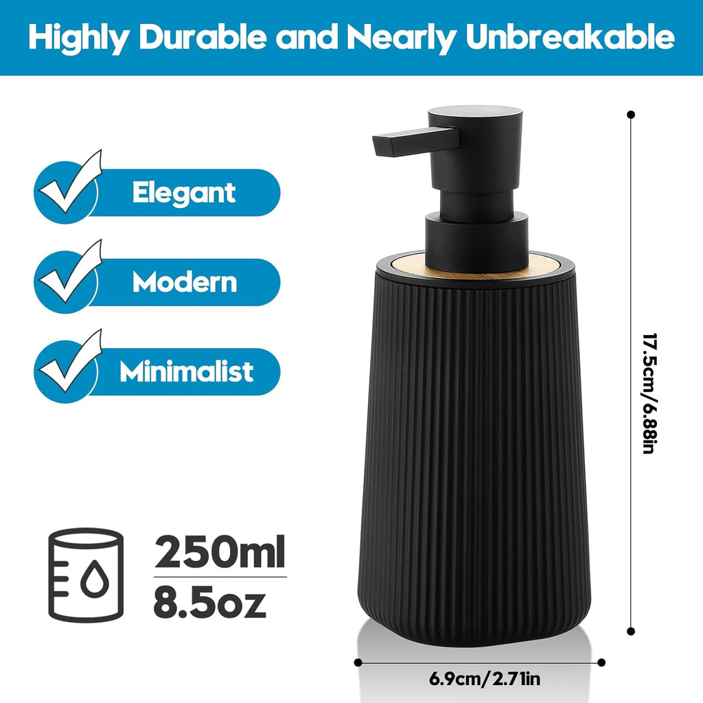Skiennix Small Soap Dispenser - Modern Farmhouse Striped Design | Black Plastic with Bamboo Accent