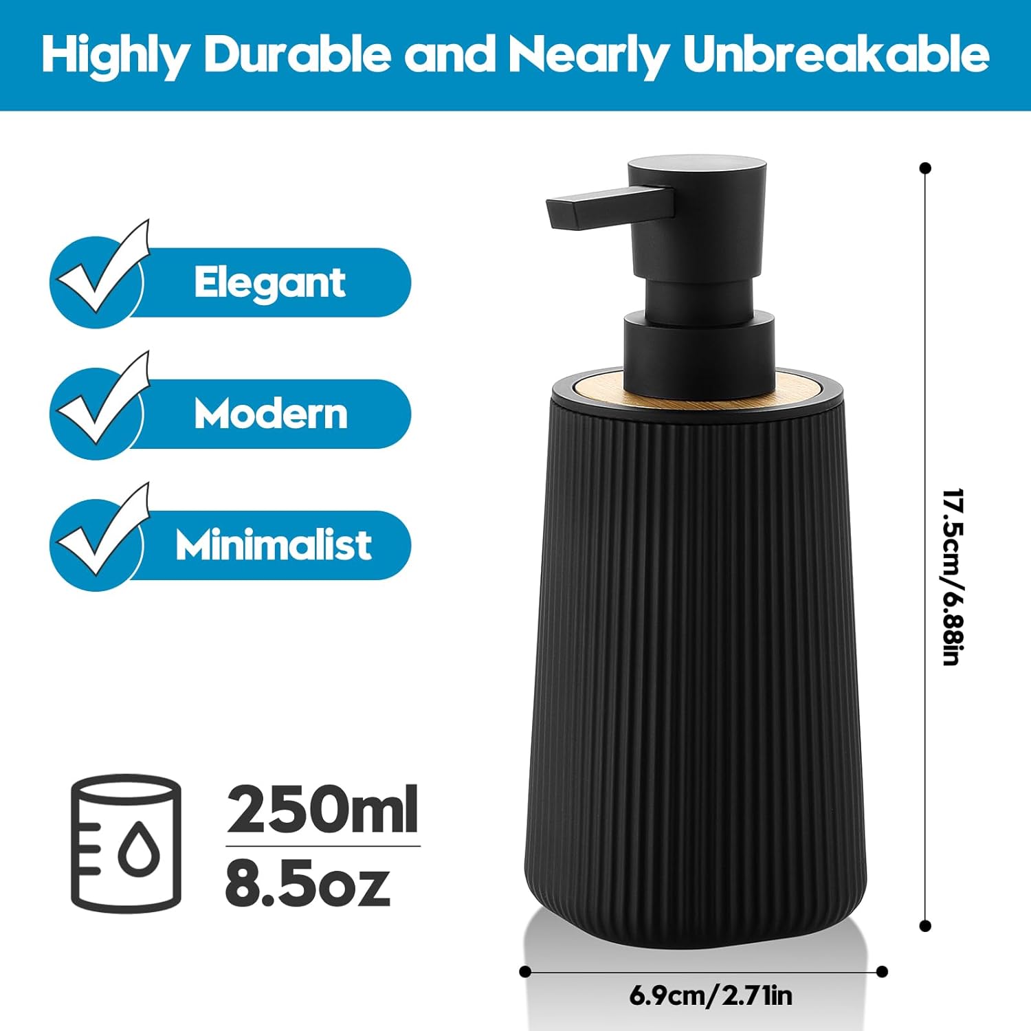 Skiennix Small Soap Dispenser - Modern Farmhouse Striped Design | Black Plastic with Bamboo Accent