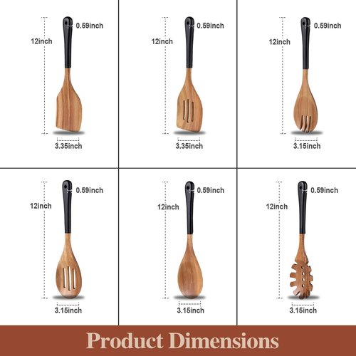 ROSOS Wooden Spoons For Cooking, 6 PCS Natural Acacia Wooden Cooking Utensils or Non-Stick Wooden Kitchen Utensil Set for Kitchen Essentials, Smooth Grip Wooden Spoons with Hanging Hole, Black