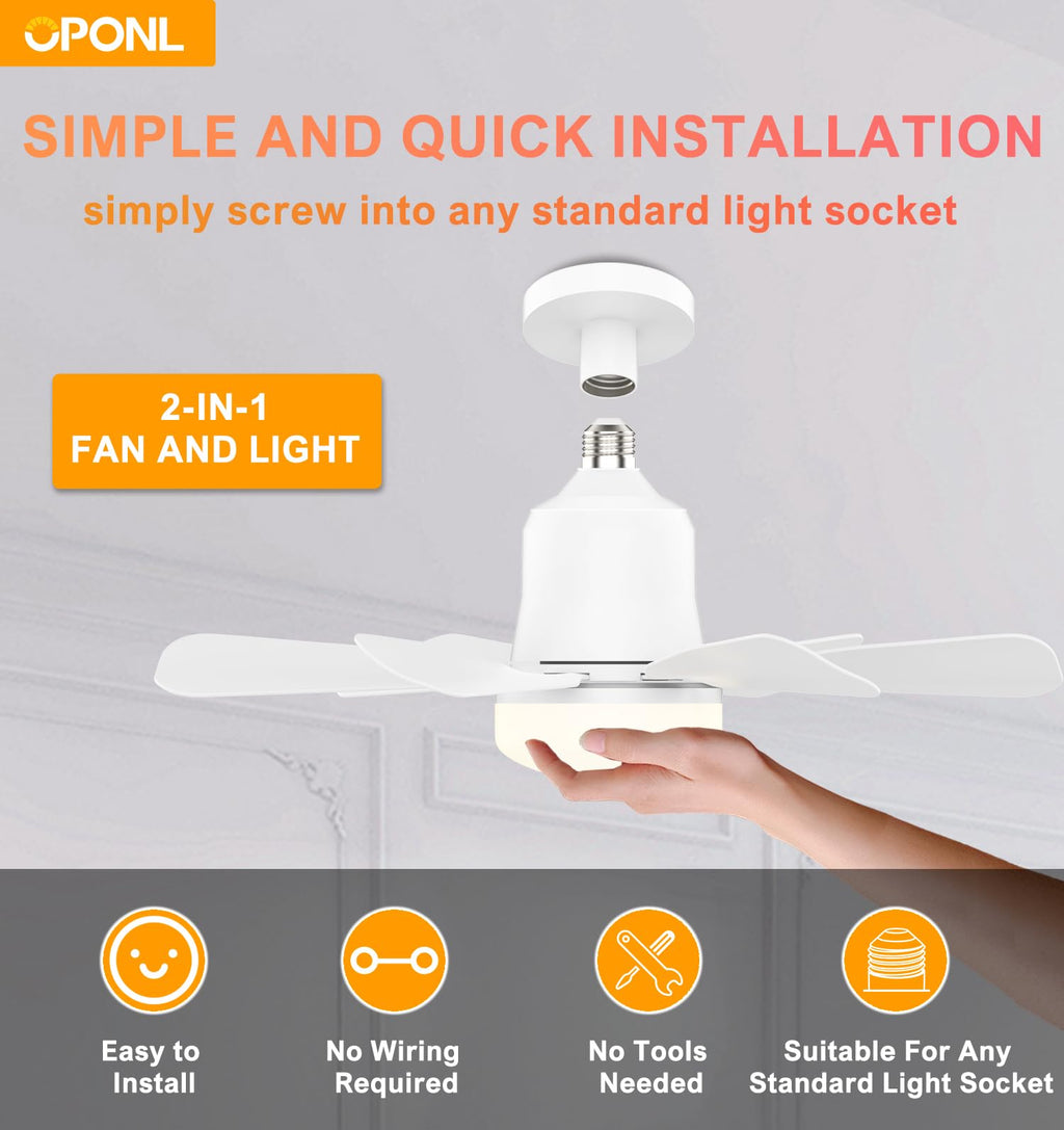OPONL Socket Fan Light with Remote, 3-Speed Dimmable LED White Socket Ceiling Fan, 6 Colors 3000K-6000K, 1000 Lumens light bulb ceiling fan for Bedroom, Kitchen, Closet