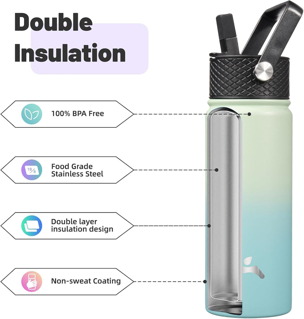 Skiennix 18 oz Insulated Stainless Steel Water Bottle - Versatile Sport Bottle with 3 Lids | Mint Color