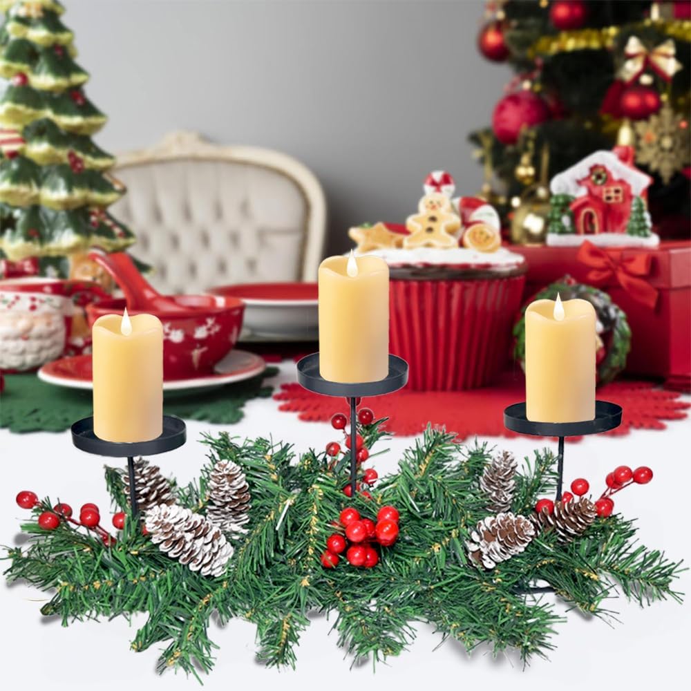 Regine Switzerland Christmas Table Centerpiece - 21.7" Candle Holders with Iron Trays & Red Berries | Holiday Home Decor
