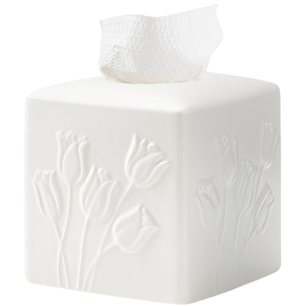 White Ceramic Tulips Tissue Box Cover - Modern Square Decorative Organizer for Facial Tissues, Farmhouse Style Home Decor for Bathroom, Bedroom, Living Room & Office