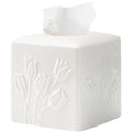 White Ceramic Tulips Tissue Box Cover - Modern Square Decorative Organizer for Facial Tissues, Farmhouse Style Home Decor for Bathroom, Bedroom, Living Room & Office