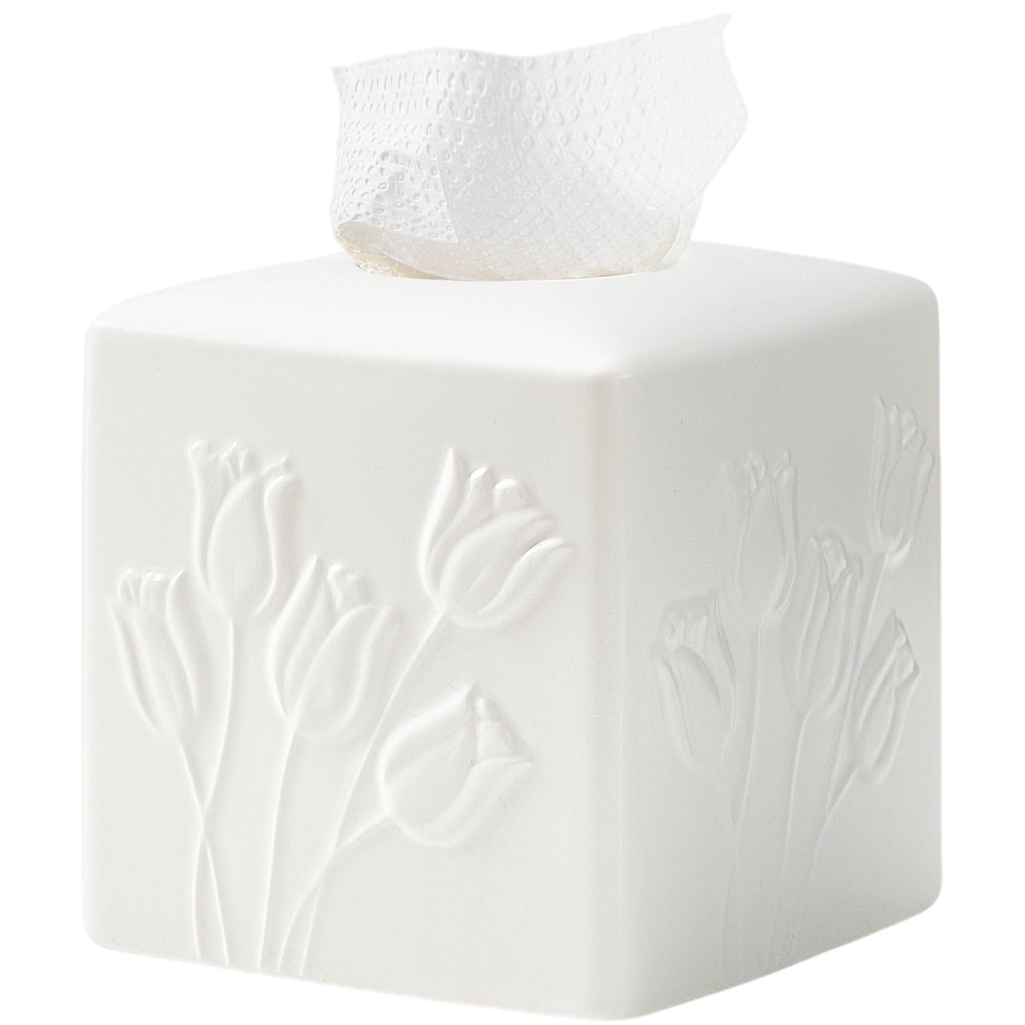 White Ceramic Tulips Tissue Box Cover - Modern Square Decorative Organizer for Facial Tissues, Farmhouse Style Home Decor for Bathroom, Bedroom, Living Room & Office