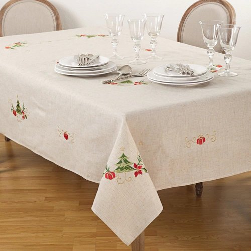 SARO LIFESTYLE Embroidered Christmas Tree Design Linen Blend Tablecloth, Natural, 67" x 120"