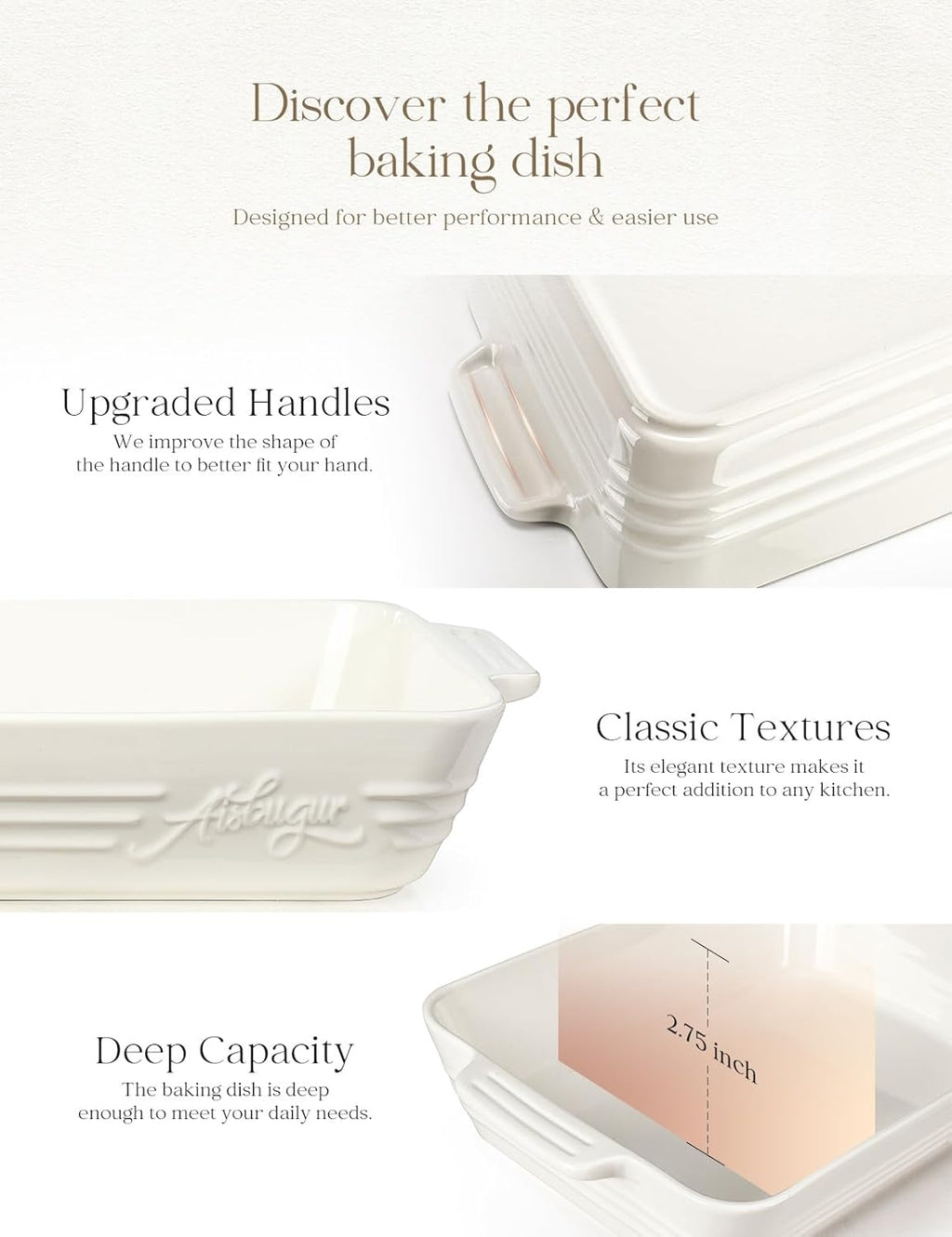 Regine Switzerland Casserole Dish - 9x13 Ceramic Baking Pan with Handles | 4.2 Quarts Durable Lasagna Bakeware in White