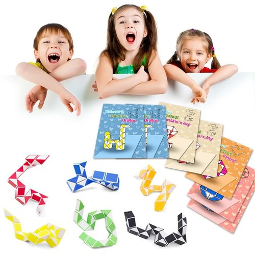 28 Pack Valentine's Day Gifts for Kids Snake Twist Puzzle Toys Magic Stress Relief Fidget with Greeting Cards, Boys and Girls Classroom Exchange Prizes Party Favour