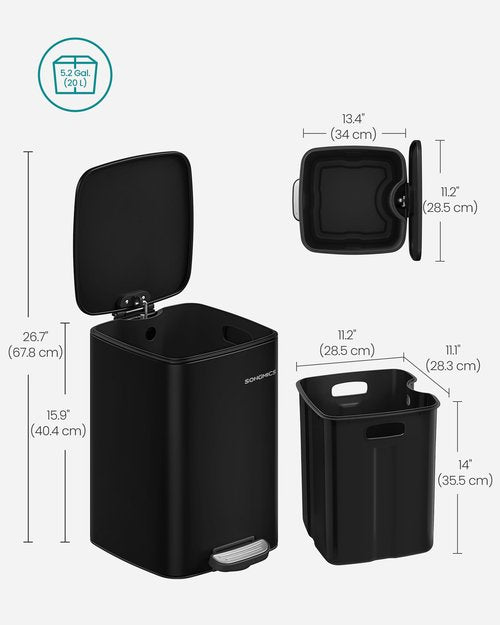 SONGMICS Kitchen Trash Can, 5.2-Gallon (20 L) Trash Bin, Stainless Steel Garbage Can, with Inner Bucket, Soft Close and Stays Open, Ink Black ULTB592B01