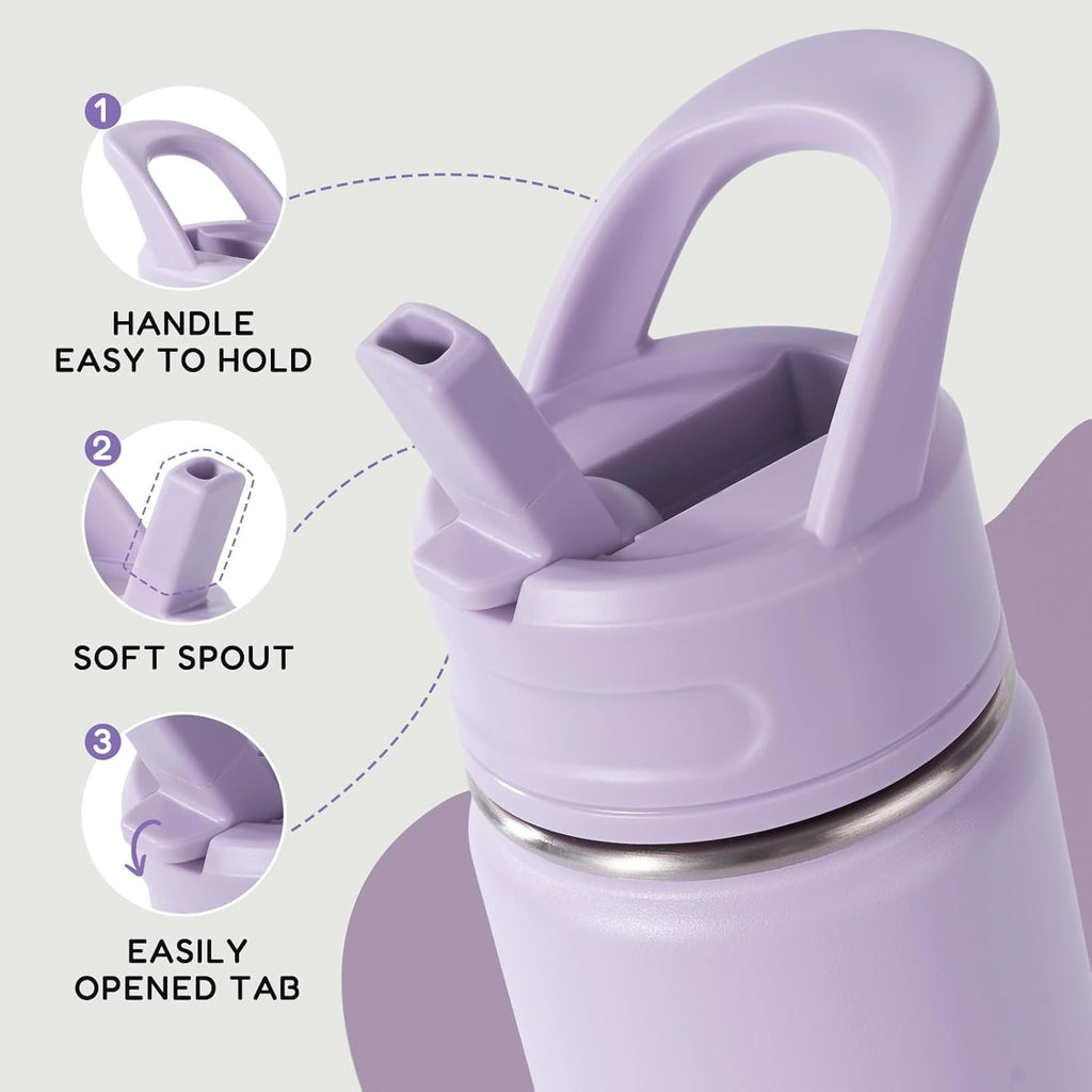Skiennix 12oz Kids Water Bottle - Stainless Steel, Vacuum Insulated, Leak-Proof, Purple