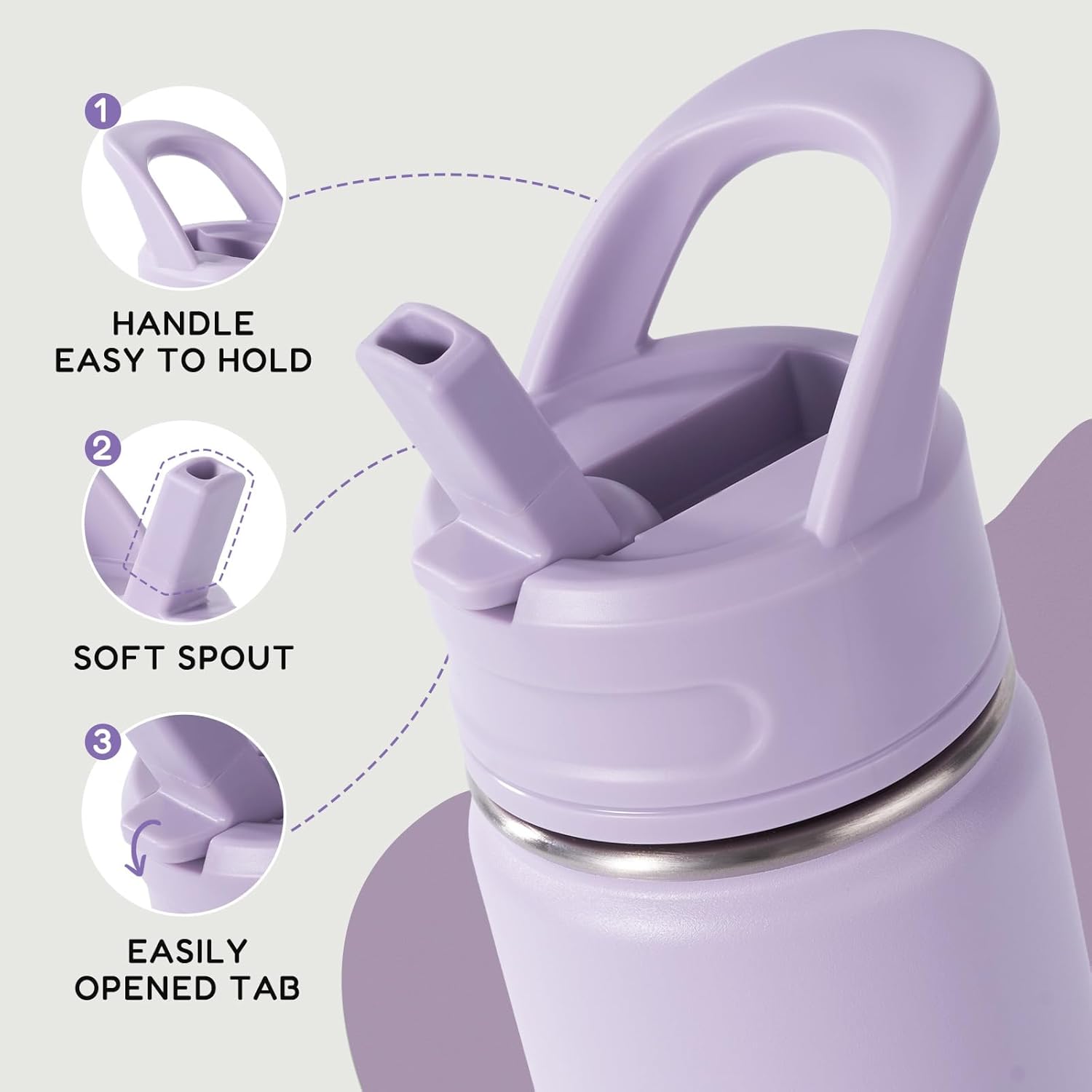 Skiennix 12oz Kids Water Bottle - Stainless Steel, Vacuum Insulated, Leak-Proof, Purple