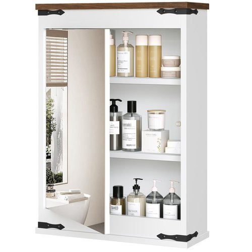 YATINEY Bathroom Medicine Cabinet with Mirror, Bathroom Mirror with Storage, Wall Storage Cabinet, with Single Mirror Door and 2 Shelves, for Laundry Room, Kitchen, Living Room, White