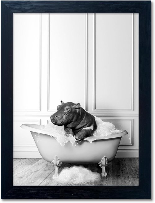 Framed Bathroom Decor | Black and White Canvas Print of Cute Hippo in Bathtub - Perfect Wall Art