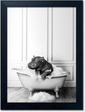 Funny Hippo in Bathtub Wall Art - Black and White Bathroom Decor | Framed Canvas Print
