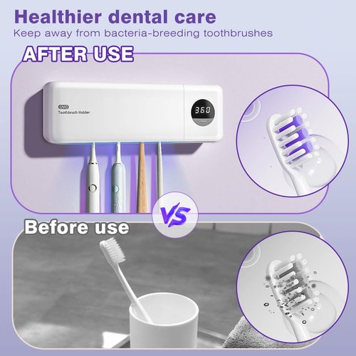 Smart Toothbrush Holder Toothbrush Cleaner and Holder for Bathrooms-4 Toothbrush Slots & Timer Function, Rechargeable Cordless Wall Mounted Toothbrush Holders,Clean,Dry for Home,Travel