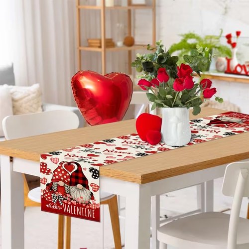 Valentine Red Buffalo Plaid Gnomes Heart Table Runner 13x72 Inch, Linen Love Kitchen Dining Table Decoration for Home Party Holiday Wedding Anniversary