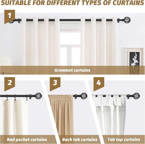GXOACKJ Adjustable Curtain Rods - Black 5/8 Inch Drapery Rods for Windows 33 to 60 Inches | Elegant Twisted Cage Finials