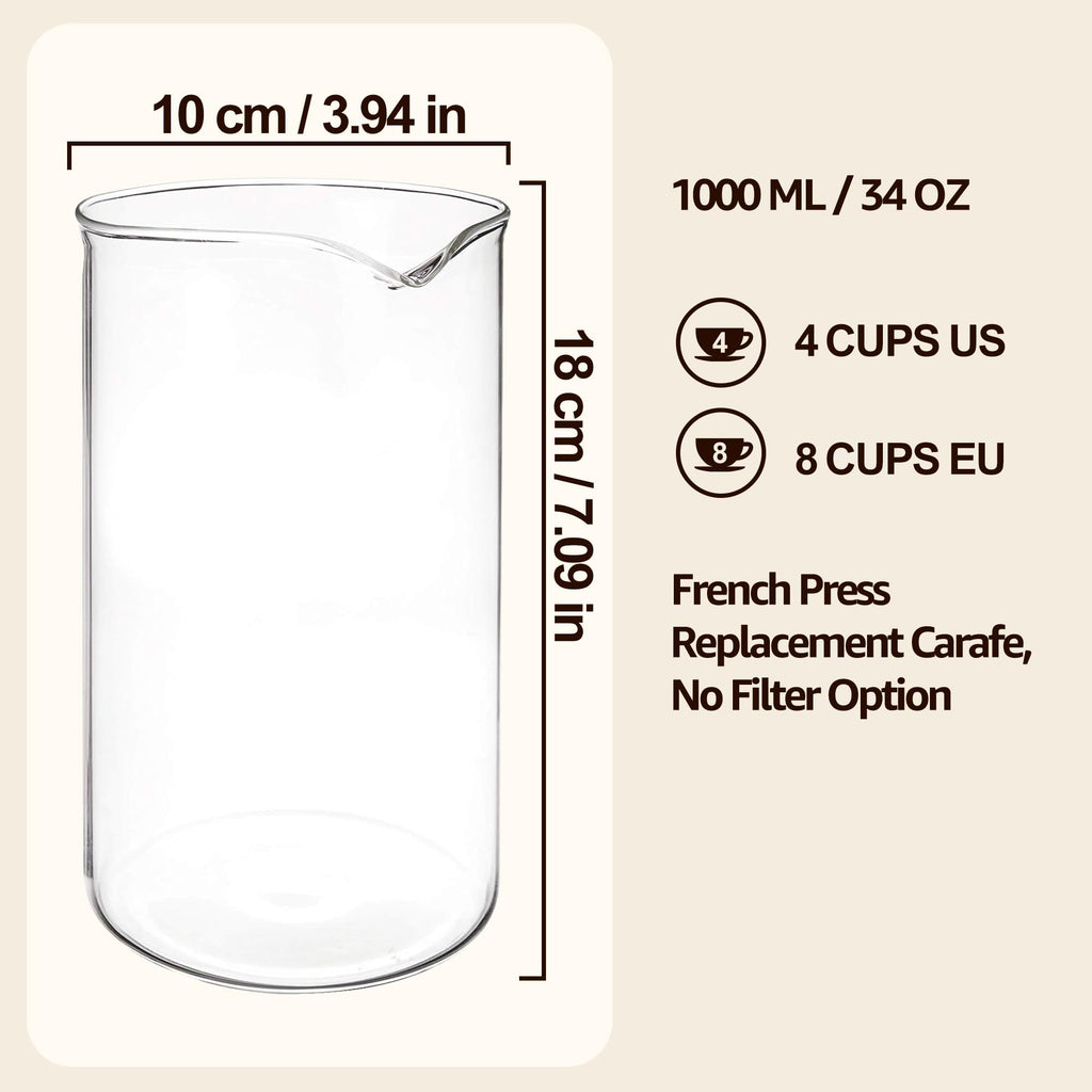 French Press Glass Replacement for Bodum, 34 Ounce, 1 Liter, Dishwasher Safe