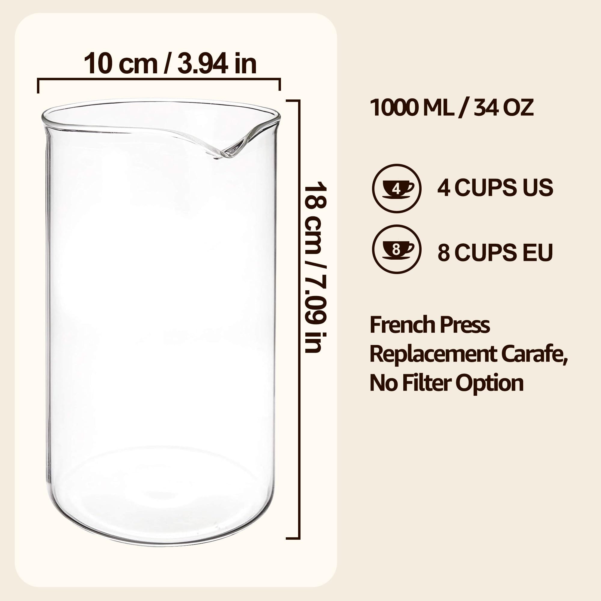French Press Glass Replacement for Bodum, 34 Ounce, 1 Liter, Dishwasher Safe