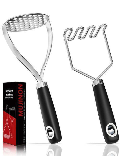 MUJINON 18/0 Stainless Steel Potato Mashers, 10.3-inch, Non-slip Handle, Kitchen Tool for Avocado Vegetable Sauce Butter Pumpkin Puree Bean, Dishwasher Safe, Pack of 2