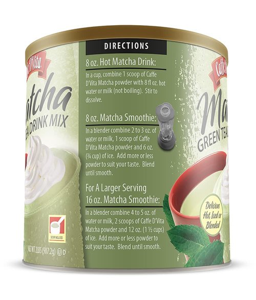 Caffe D'Vita Matcha Green Tea Drink Mix - Japanese Matcha Green Tea Powder, Gluten Free, Low Fat, No Cholesterol, No Hydrogenated Oils, No Trans Fat, Kosher-Dairy, Green Matcha Tea Powder - 2 Lb Can