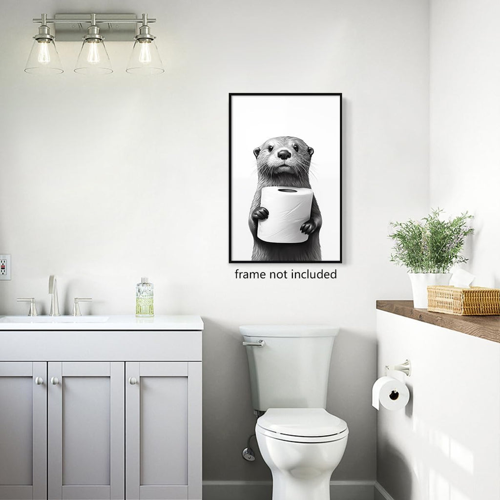 Otter Canvas Wall Art - Funny Black and White Animal Poster for Bathroom Decor | 12x16in Unframed