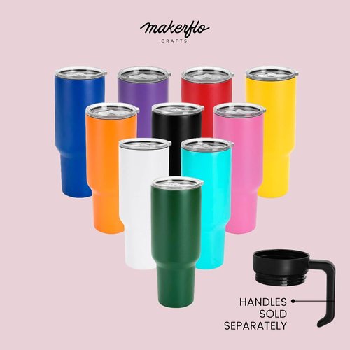Makerflo 40 Oz Pink Powder Coated Tumbler - Pack of 25 with Upgraded Handle & Leak-Proof Lid for Crafting