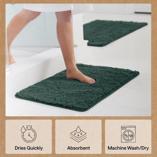 GORILLA GRIP Bath Rug Mat - Soft Absorbent Chenille | Quick Dry Microfiber, 44x26, Hunter Green