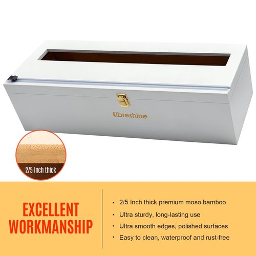 Libreshine White 18 Inch Plastic Wrap Dispenser with Slide Cutter & Roller, Heavy Duty Bamboo Commercial Film Wrap Holder for 3000ft Food Service Cling Film, 1000ft Foil, Butcher/Freezer/Kraft Paper