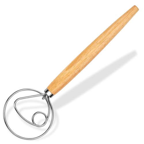 Maxjoy Danish Dough Whisk Wooden Dutch Bread Mixer with Stainless Steel Hook for Sourdough Baking Hand Tool