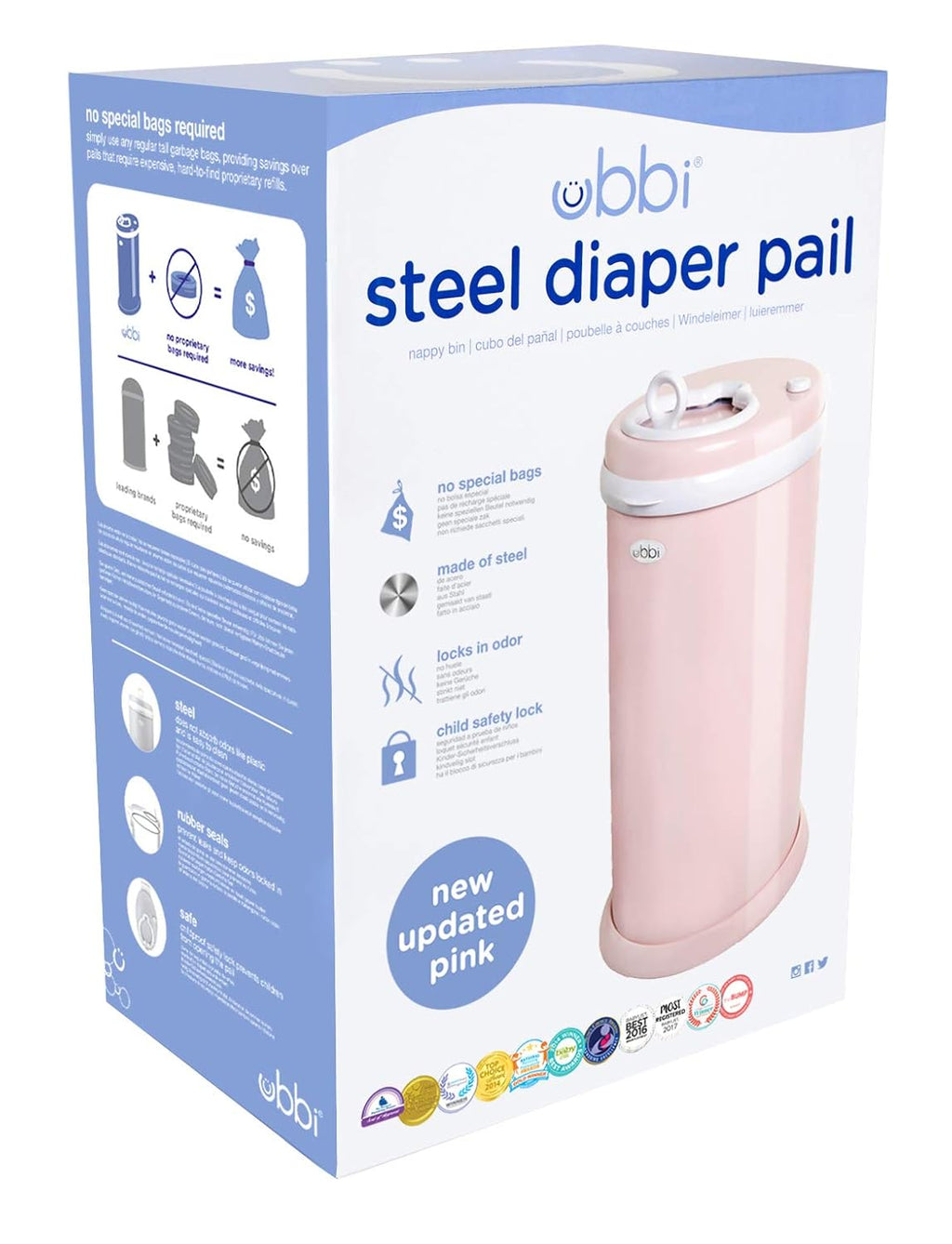 Ubbi Steel Diaper Pail - Odor Locking Design, No Special Bag Needed | Award-Winning Blush Pink