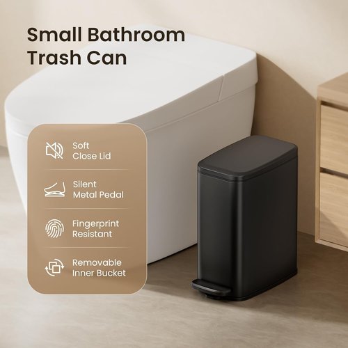 Cesun Small Bathroom Trash Can - 6L Stainless Steel Slim Wastebasket with Soft Close Lid & Foot Pedal | Black