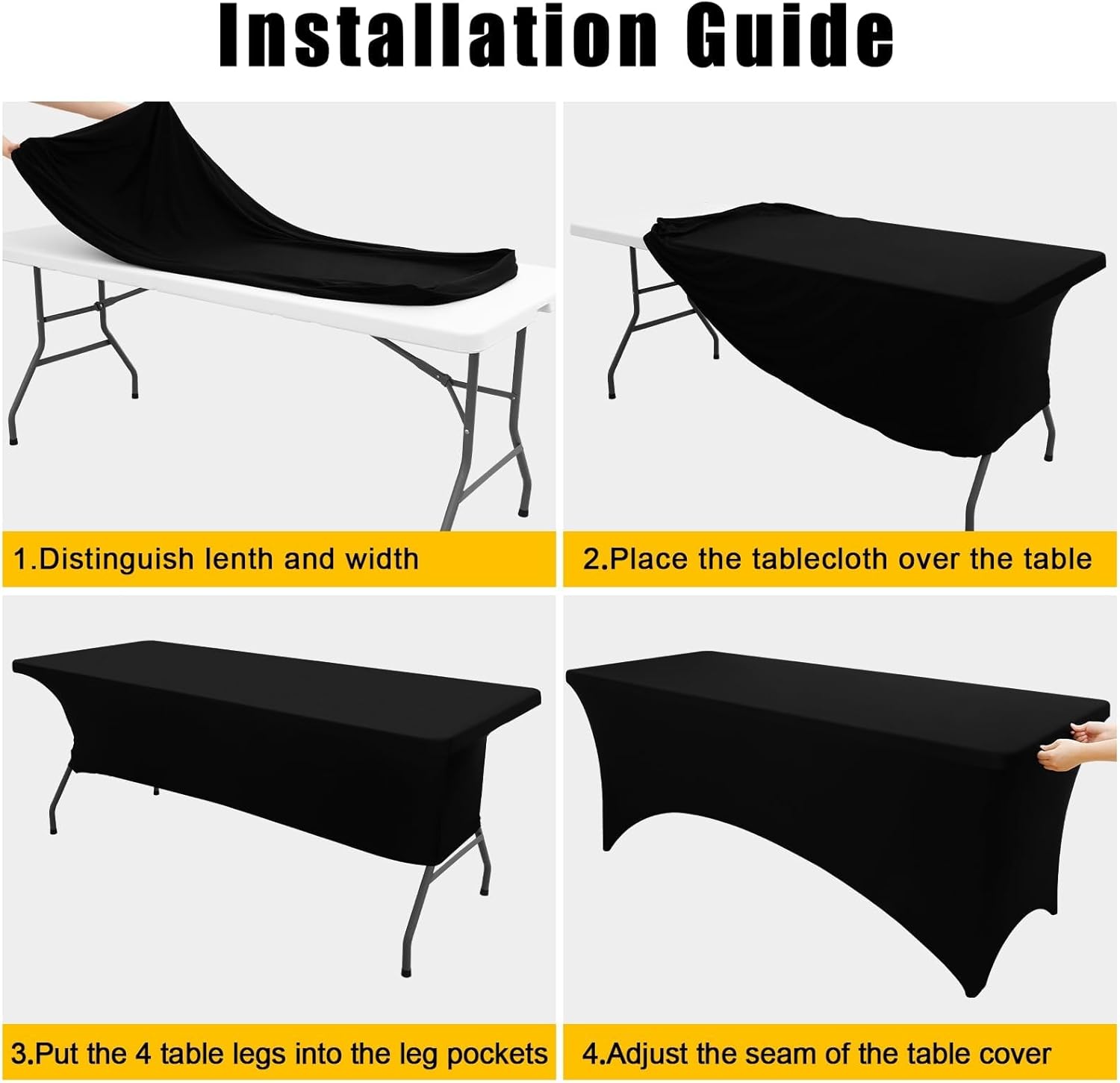 Smiry Spandex Table Cloth - 2 Pack Elastic Fitted Stretch Covers | Washable, Wrinkle-Free, Black (48" L x 24" W x 30" H)