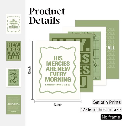 Locomiss Christian Wall Art Posters - Sage Green Jesus Decor for College Dorms | Set of 4 (12x16 Unframed)