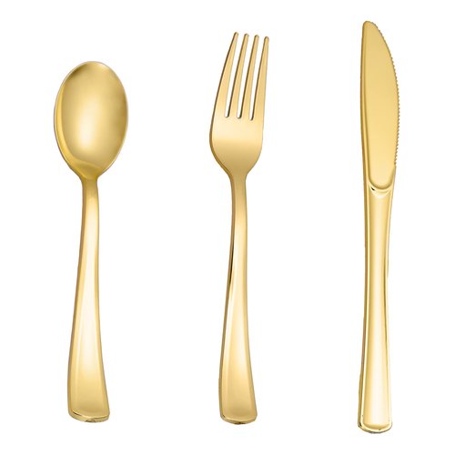 N9R 500PCS Gold Plastic Silverware - Gold Plastic Cutlery Set Disposable Flatware Dinnerware -200 Forks, 150 Spoons, 150 Knives for Party, Birthday, Wedding Utensils