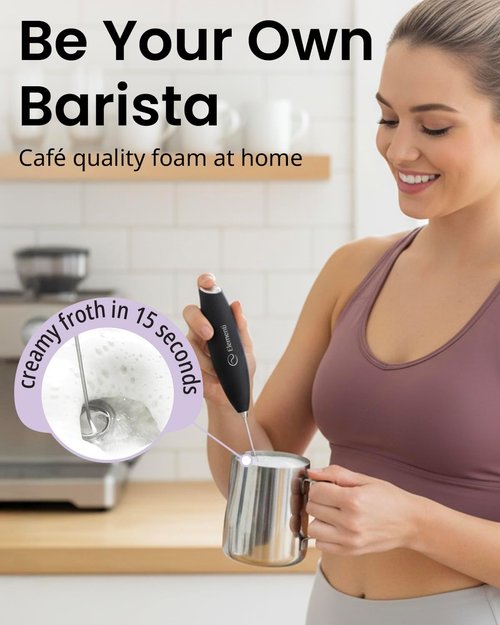 Elementi Milk Frother Wand & Drink Mixer with Stand - Turbo Milk & Coffee Frother Handheld - Hand Held Coffee Mixer Wand & Cold Foam Maker for Frothy Cappuccinos, Lattes & Drink Mixes (Burgundy)